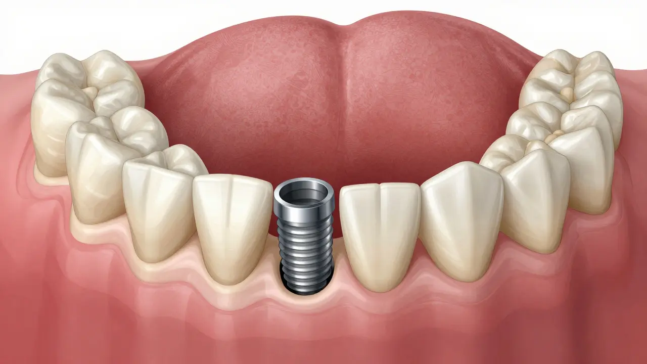 Anatomický náčrt čelisti s čtyřmi implantacemi, z nichž jedna není úspěšně zakotvena v kosti.