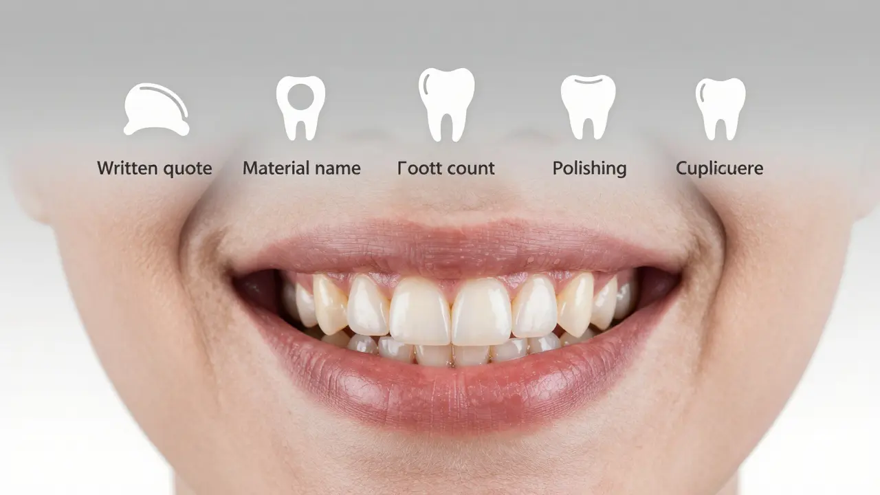 Before-and-after smile transformation with floating icons representing key steps to avoid hidden dental costs.