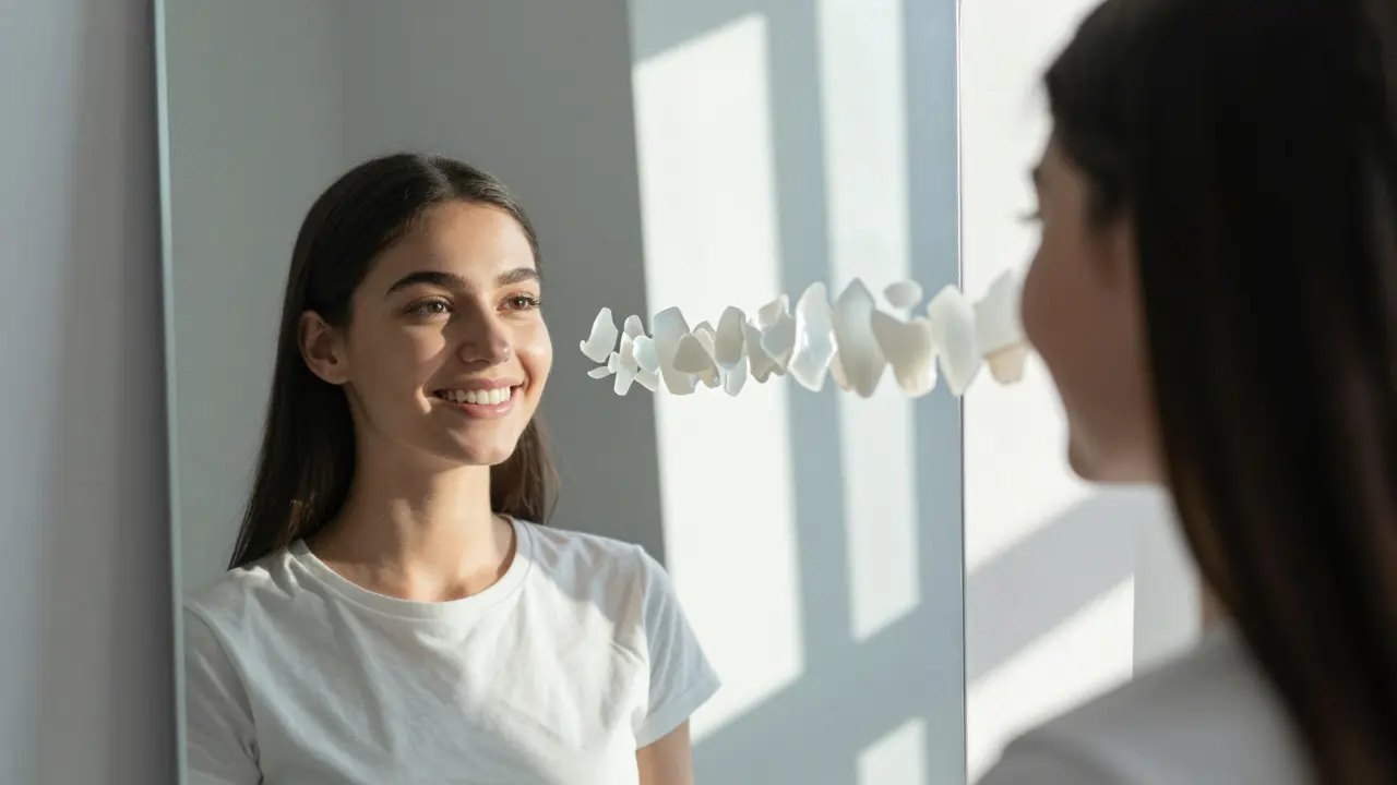 Člověk se dívá do zrcadla, kde jeho odraz vypadá mlaději s dokonalým úsměvem.
