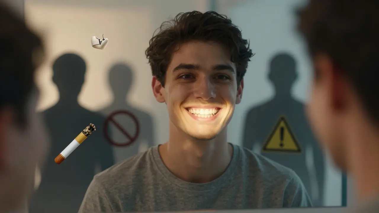 Člověk se směje do zrcadla, jeho nový chrup září zlatým světlem, za ním jsou symboly rizik: cigareta, cukrovka, prasklina.