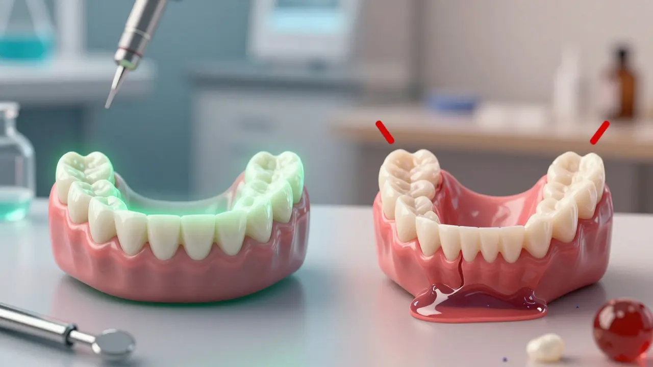 Contrasting accurate vs. flawed dental impressions with visual indicators of quality.