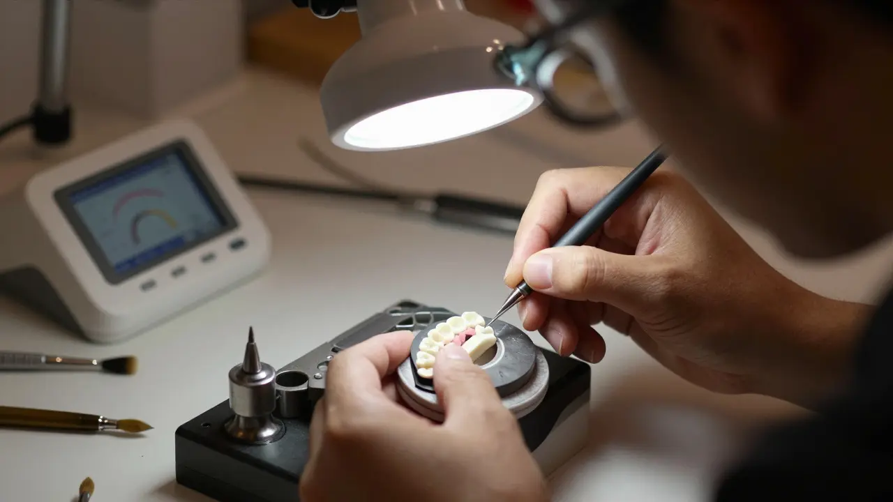 Dentalní technik ručně tvaruje keramické fazety pod lupou s přesnými nástroji.