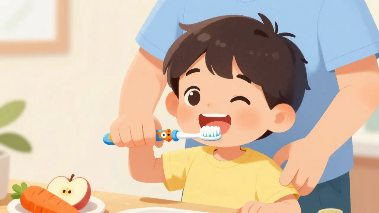Dítě čistí zuby barevným kartáčkem s postavičkou, rodič pomáhá, zdravé svačiny na stole