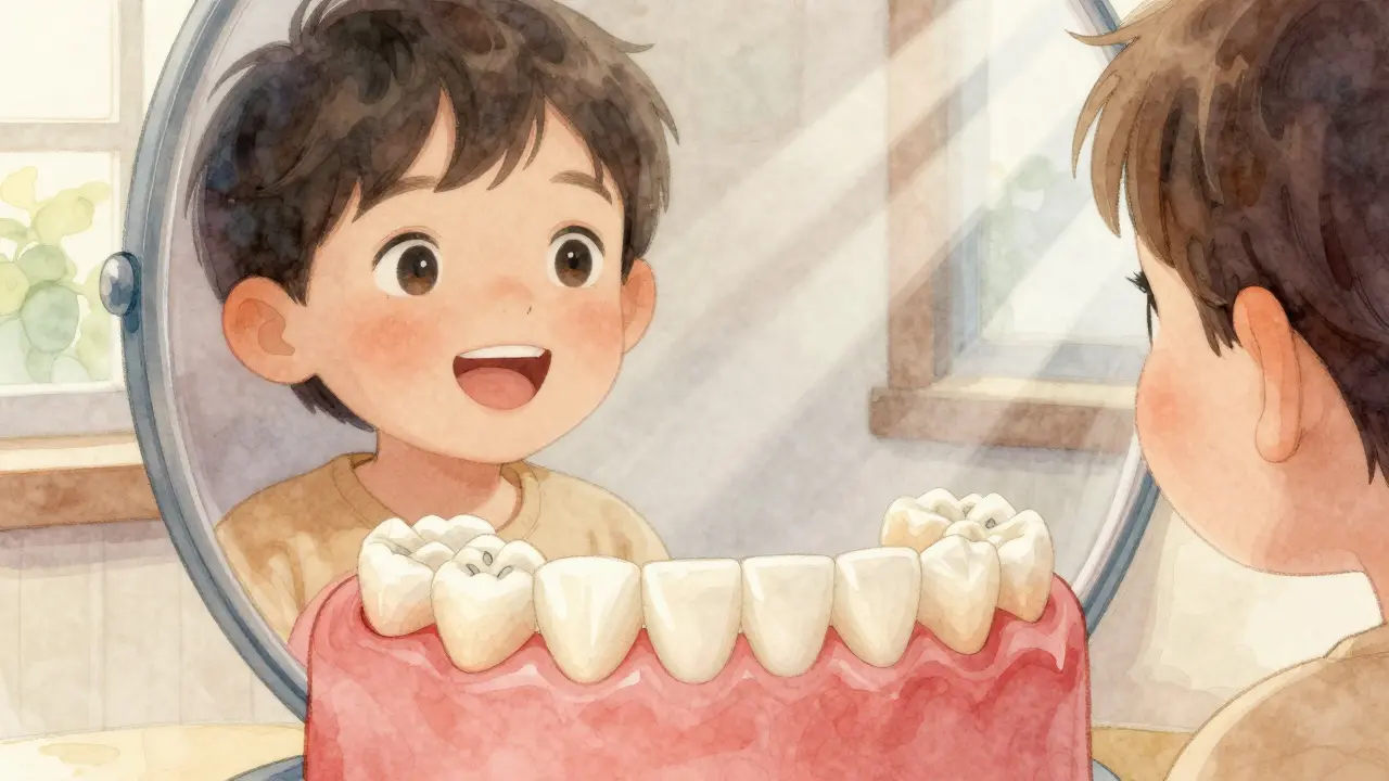 Dítě se dívá do zrcadla, když mu vyrůstají trvalé řezáky s mezerou mezi nimi.