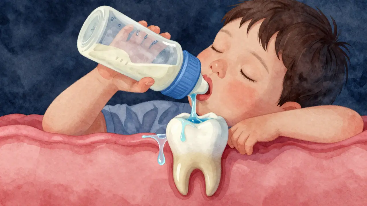 Dítě spí s láhvičkou, kde kyselina z plaku poškozuje mléčné zuby a ovlivňuje vývoj trvalého zubu pod nimi.