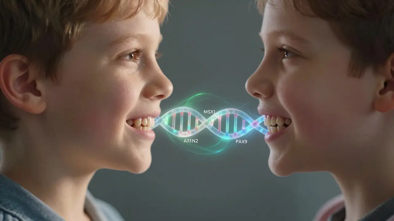 Dvě dětské čelisti: jedna s přirozeně zarovnanými zuby, druhá s křivými zuby, spojené DNA šroubovicí.