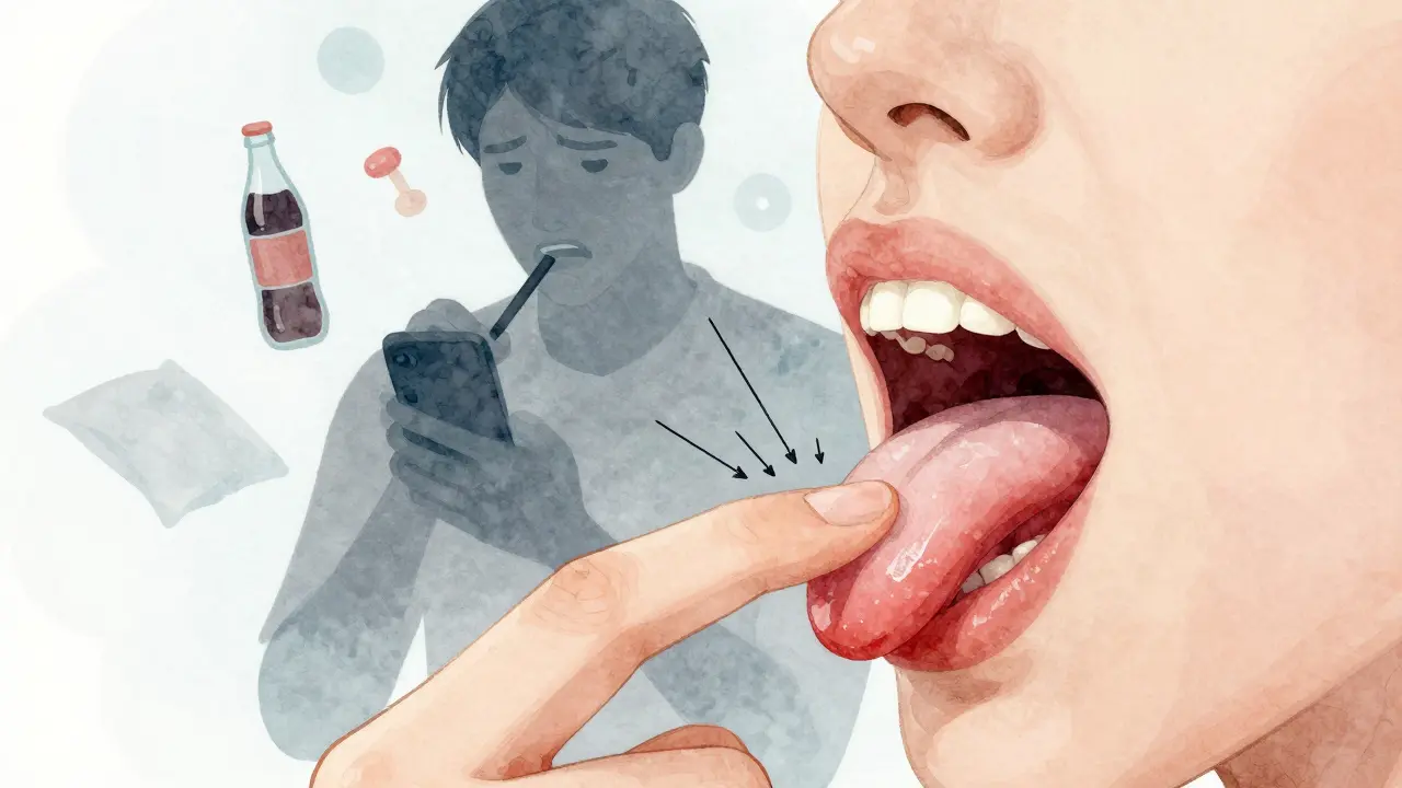 Jazyk tlačí na přední zuby, kolem nich jsou šipky ukazující jejich posun, v pozadí jsou návyky jako kousání nehtů a pití sladkého nápoje.