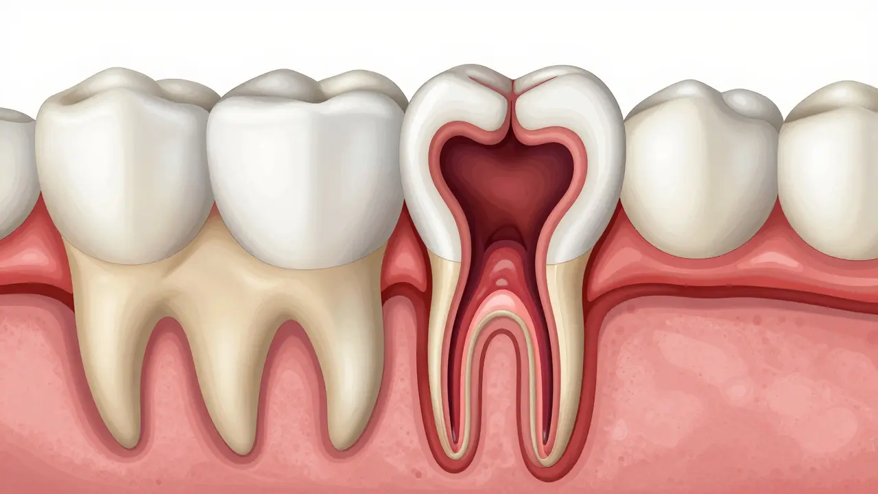 Kariés postupující skrz sklovinku do dentinu a pulpy.