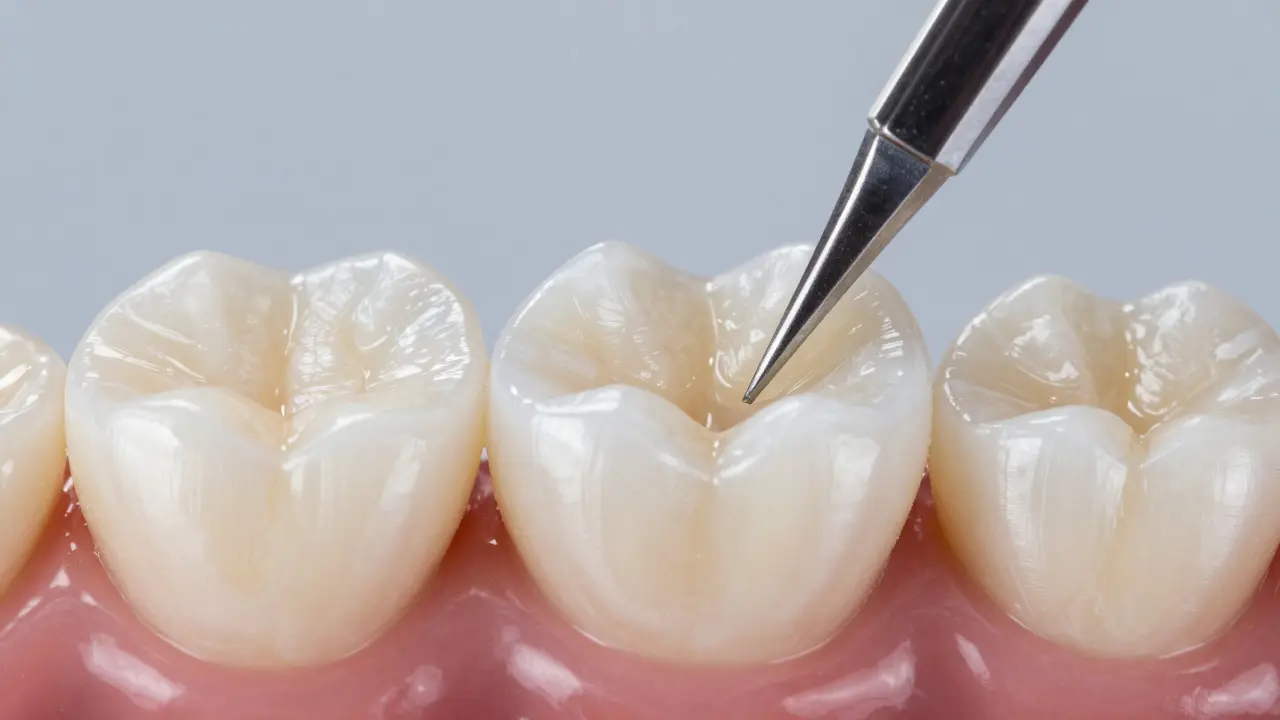 Keramická onlay přesně přizpůsobená zubní koruně.