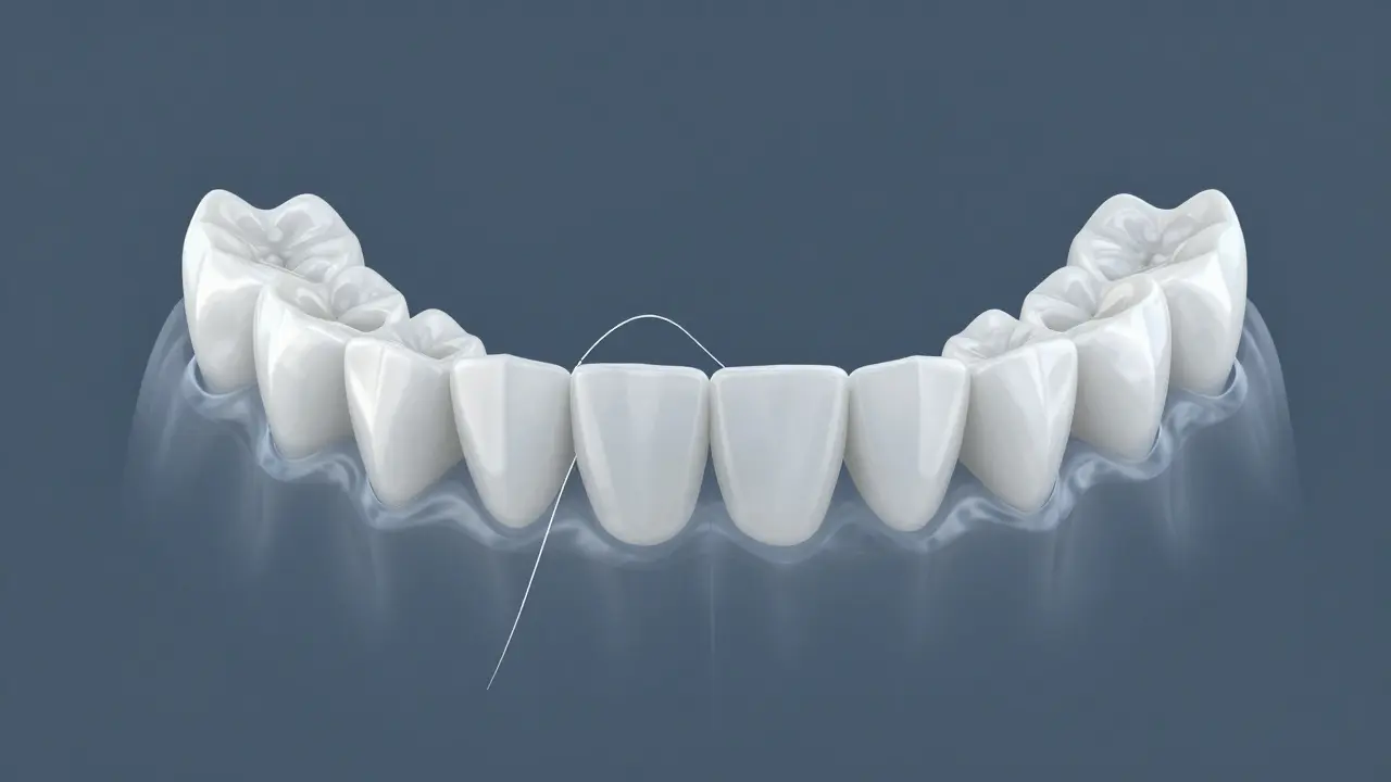 Konceptuální ilustrace čelisti s řezáky oddělenými příliš dlouhou jazykovou bránou.