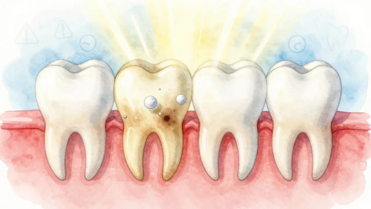 Křížový řez zubu s molekulami peroxidu, které odstraňují pigmenty z emailu v mírném přechodu od žluté k bílé.