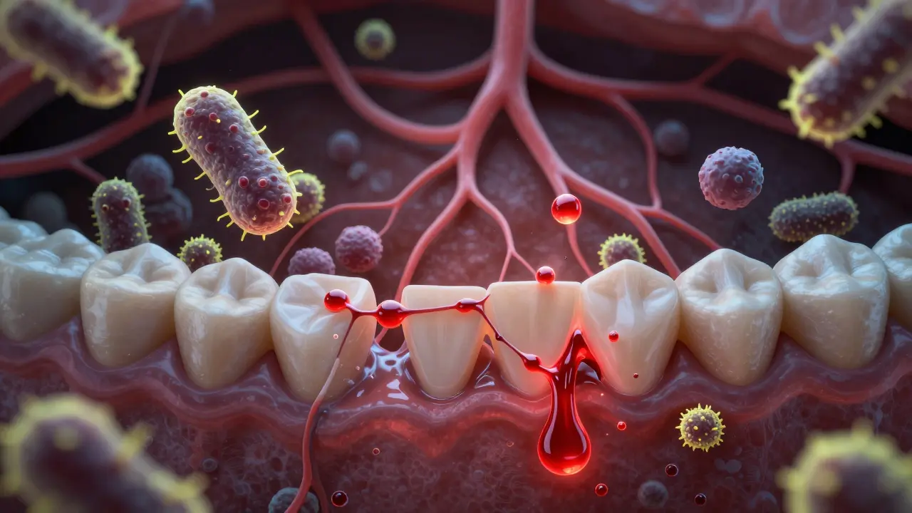Mikroskopický pohled na bakterie a kyselé plaky mezi zuby u kuřáka.