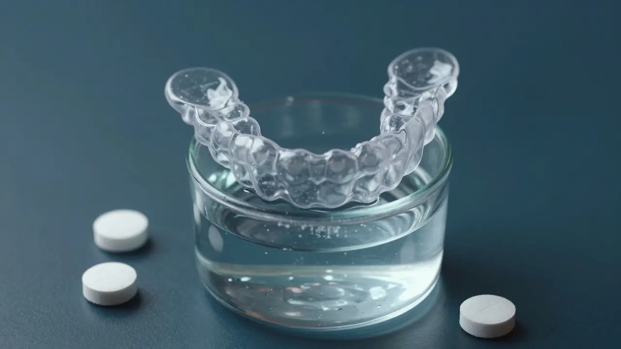 Neviditelné rovnátko plovoucí v čisticím roztoku ve skleněné nádobě.