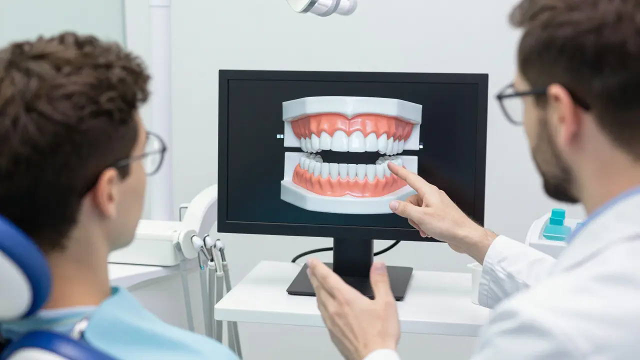 Ortodont konzultuje pacienta v moderní zubní klinice.