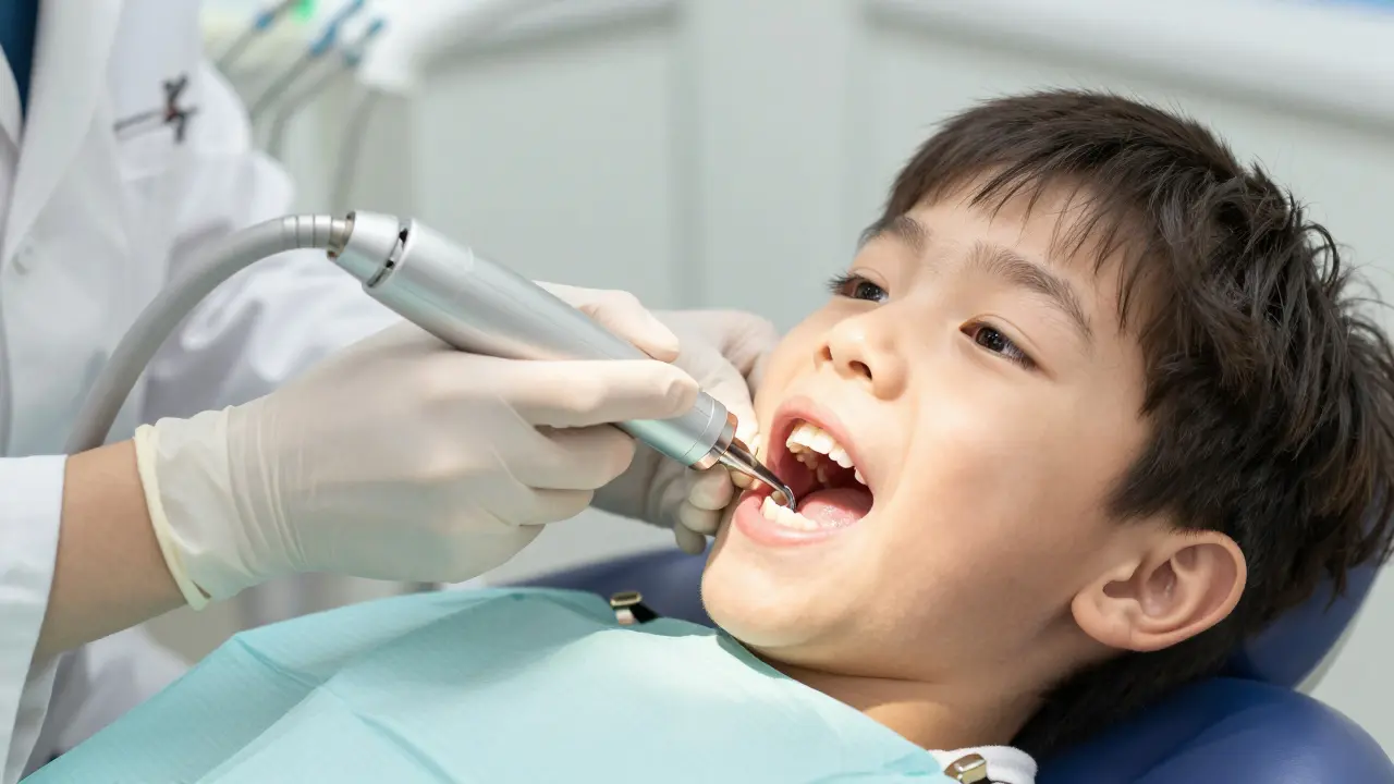 Pediatrický zubní lékař odstraňuje kámen ultrazvukovým čističem