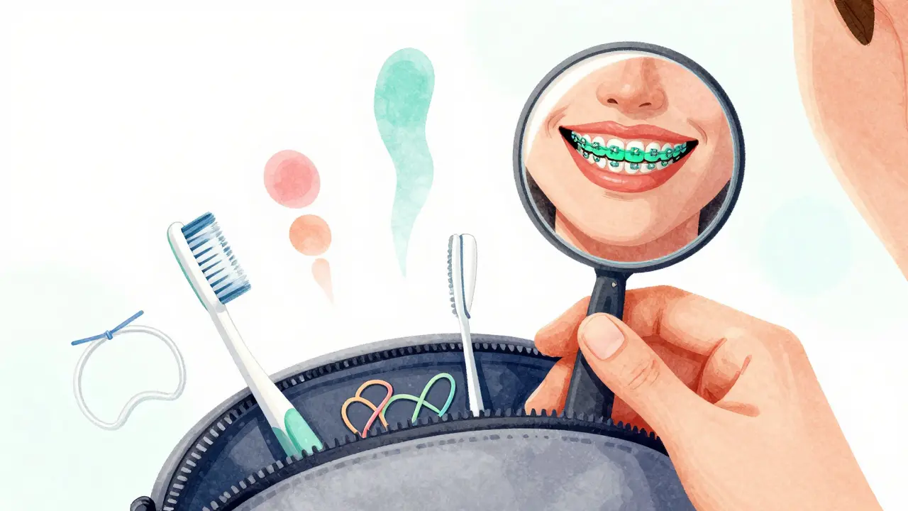 Person holding dental kit with colorful elastics, reflection showing confident smile.