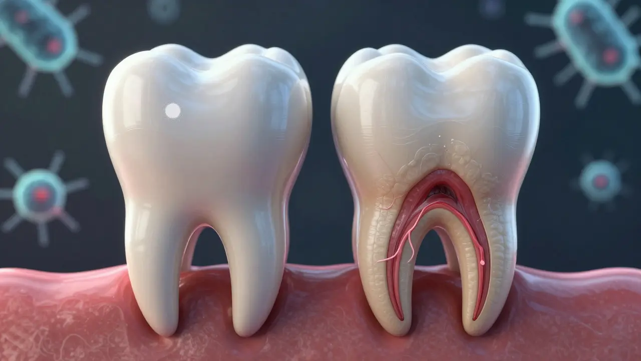 Porovnání zdravého a zkaženého zubu s infekcí a fluoridovou léčbou.