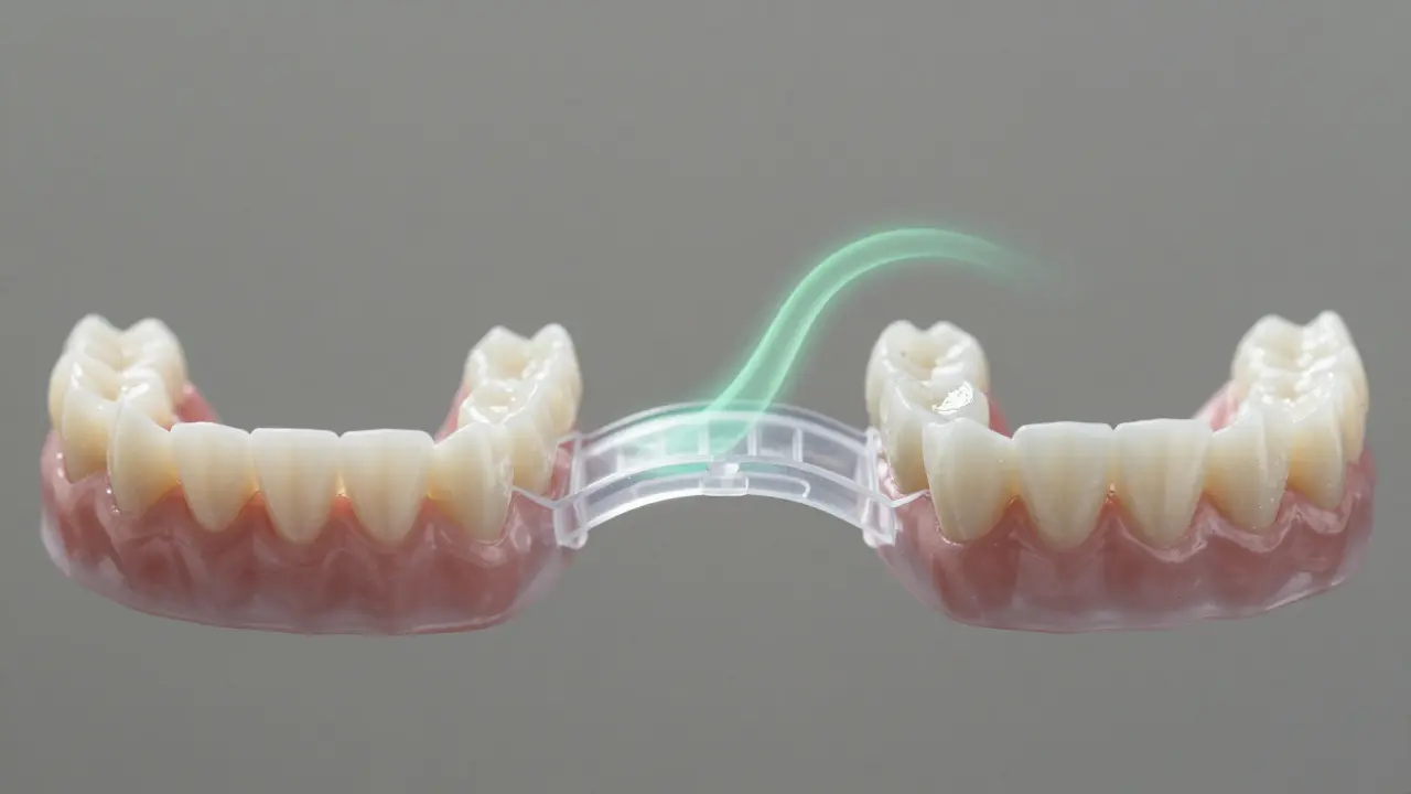 Porovnání zdravých zubů a zubů s biofilmem spojených rovnátkem.