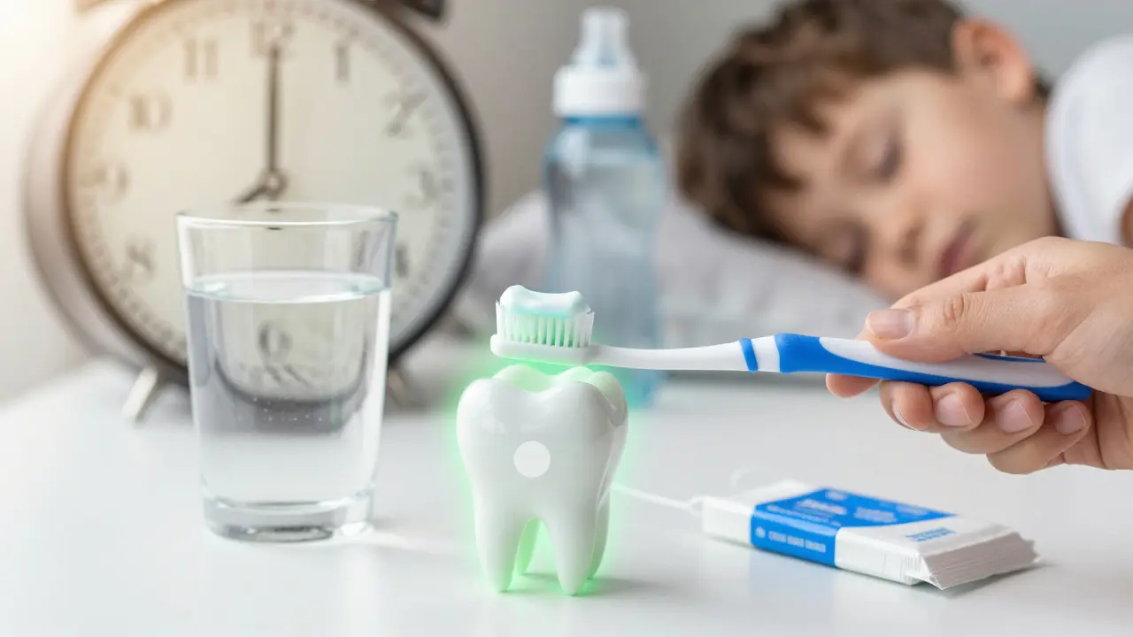 Prevence zubního kazu: zubní kartáček, nit a voda symbolizují zdravé návyky.