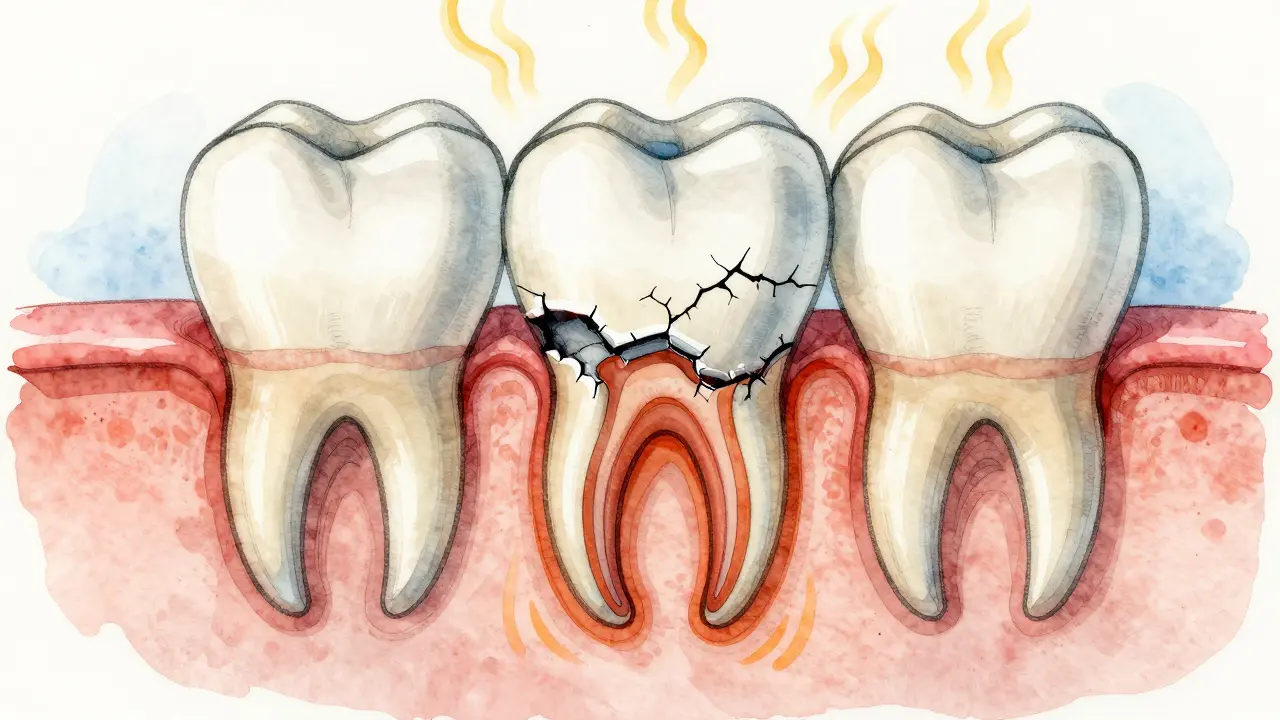 Příčinná křivka praskliny v zubu: sklovinka, dentin a dřeň s teplotními vlnami.
