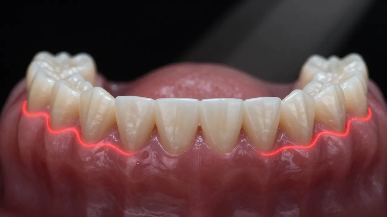 Příčný řez zubního oblouku s posunutými zuby a stahujícími se dásněmi, na pozadí svítí retentor.