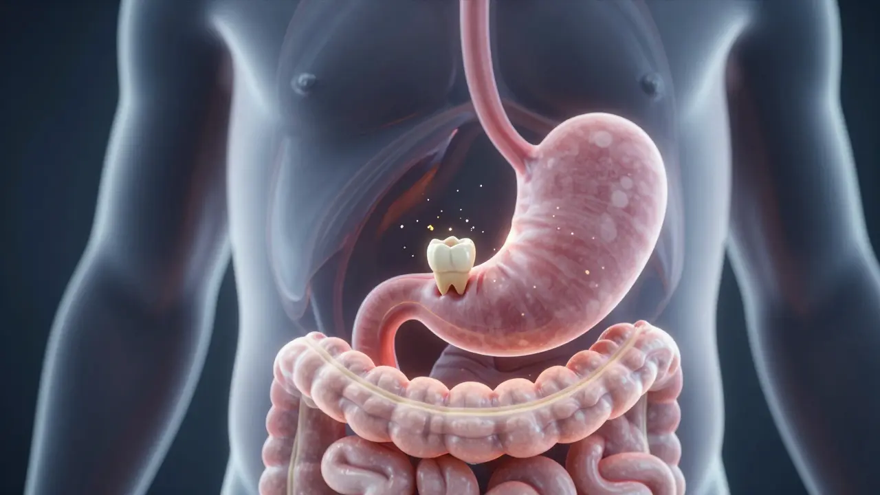 Průhledný náčrtek trávicího traktu dítěte s probíhajícím průchodem zubu.