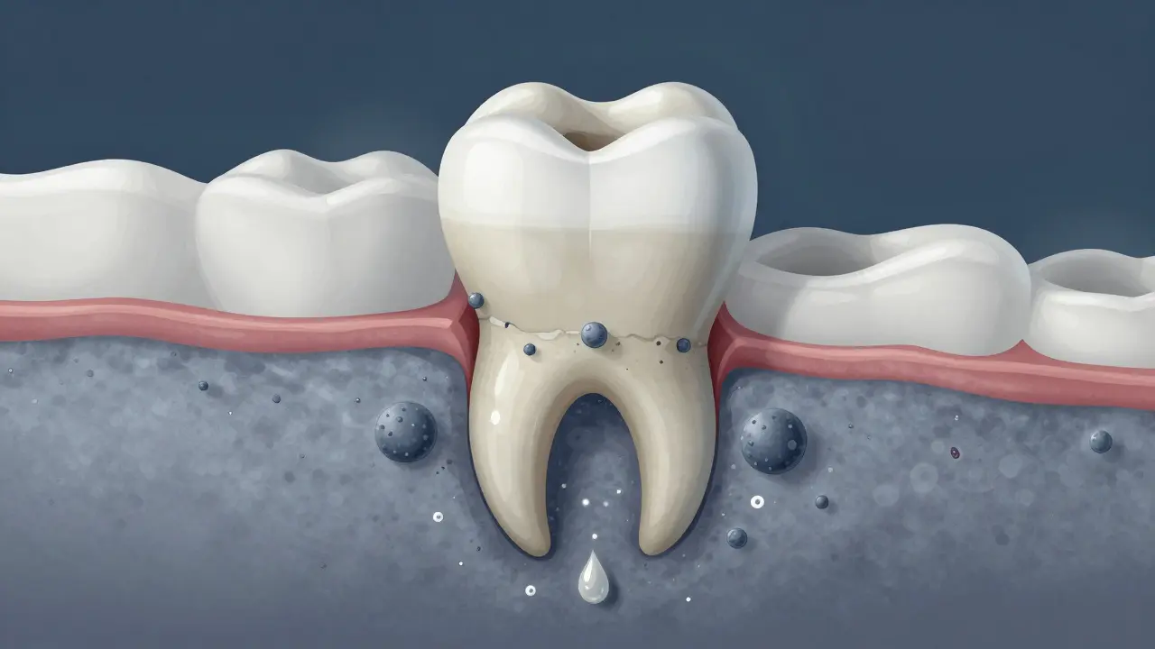 Průřez zubu s demineralizací a počáteční karií, s látkami obnovujícími sklovinu.