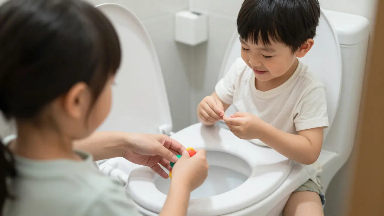 Rodič drží spolknutý zub v ruce s úlevou, zatímco dítě hraje.