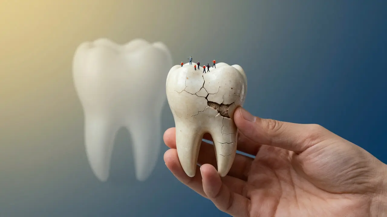 Ruka drží poškozený zub, kde imunitní buňky útočí na jeho povrch, symbolizující autoimunitní reakci.