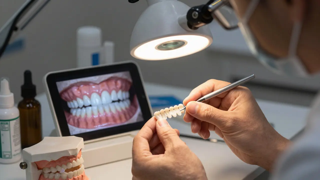 Technik v zubní laboratoři vyrábí keramické fazety podle digitálního modelu zubů.