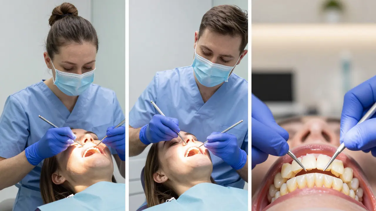 Tři fáze léčby poškozených zubů: fluoridový nátěr, výplň a korunka.