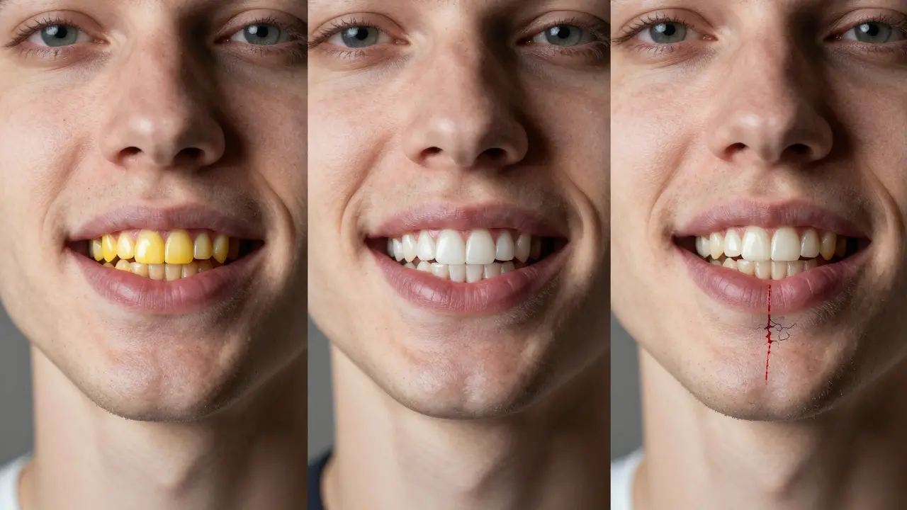 Tři scény ukazující před, po a při příliš častém bělení zubů, s důrazem na rozdíl mezi bezpečným a škodlivým využitím.