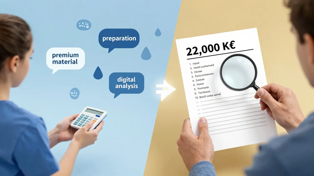 Two contrasting paths showing hidden dental fees versus transparent pricing with a magnifying glass over a written quote.