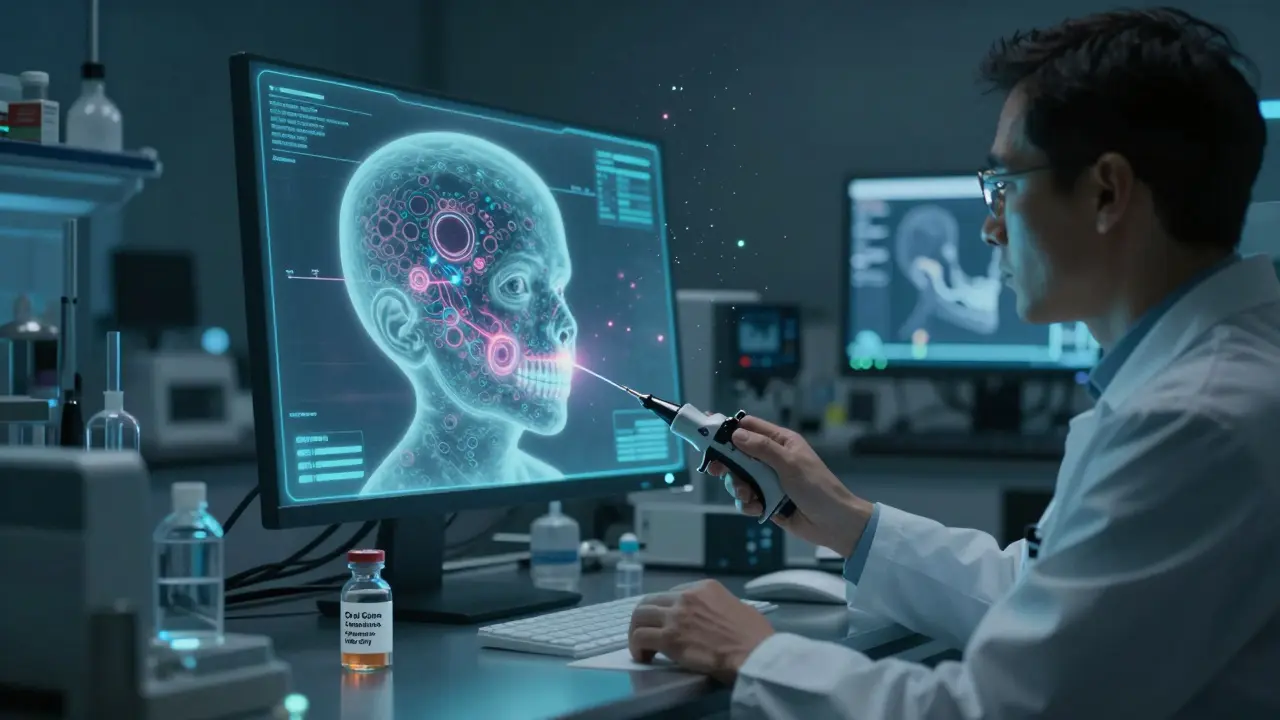 Vědci v laboratoři sledují holografický vývoj dětské čelisti při genetické úpravě pomocí CRISPR.