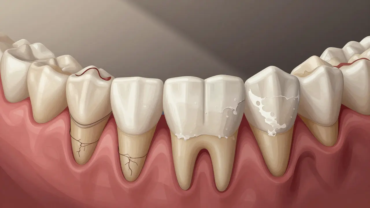 Více zubů s různými typy poškození: kazu na kořeni, defekty skloviny a odstupující dásně.