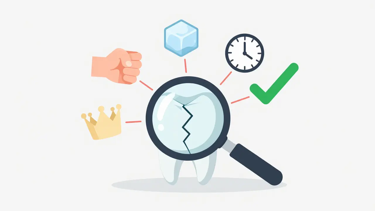 Zub s prasklinou pod zvětšovacím sklem, symboly příčin a řešení kolem něj.