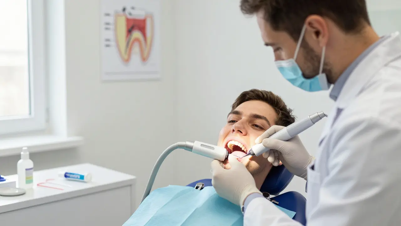 Zubní lékař léčí počínající kaz laserem v ordinaci