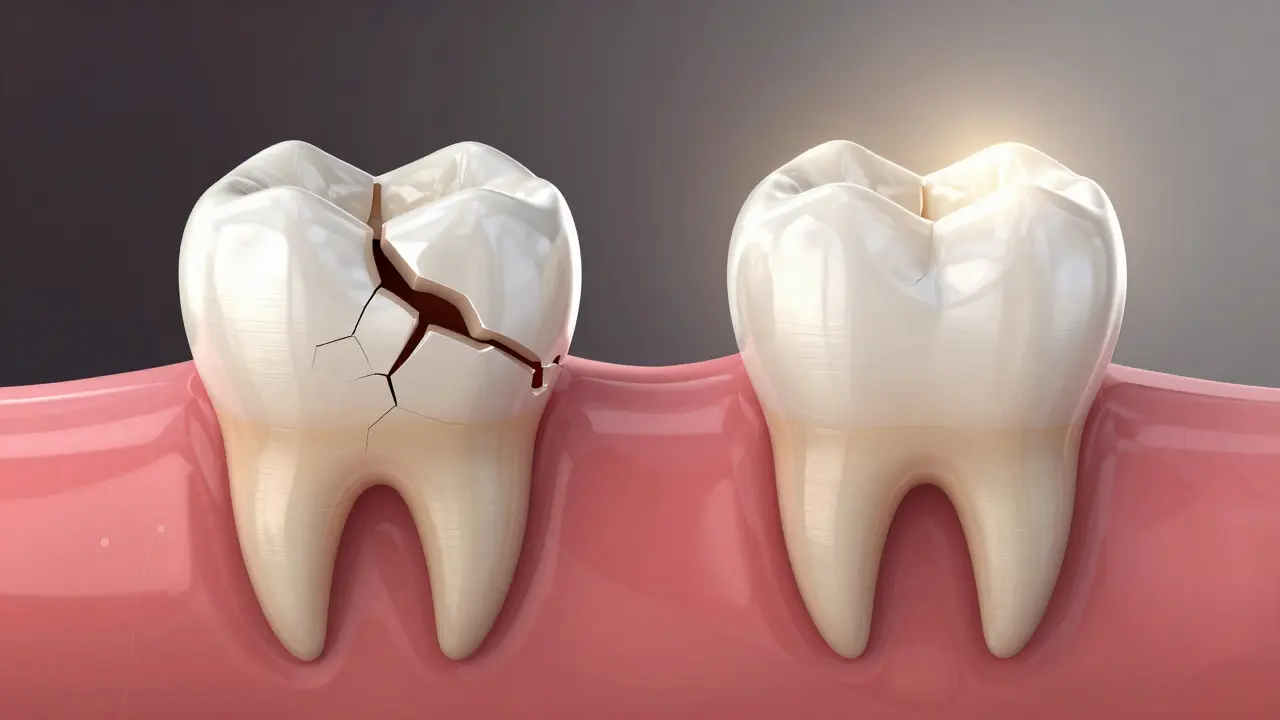 Before and after comparison of a cracked tooth: damaged versus fully restored with natural-colored composite.