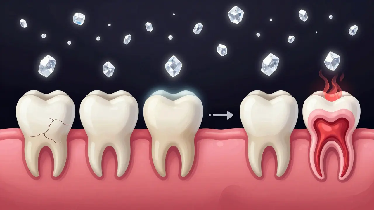Časová osa rozvoje zubního kazu od zdravého zubu k poškozenému pultu.