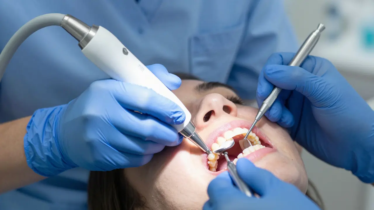 Dentistka používá ultrazvukový přístroj k odstranění zubního kamene během profesionálního čištění.