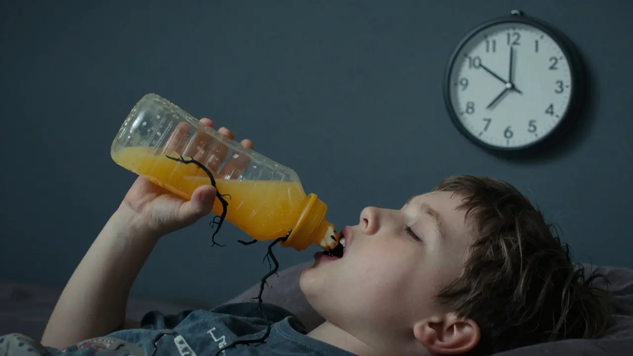 Dítě spí s láhví džusu, zub se rozpadá, kariés postupuje za 6 měsíců.