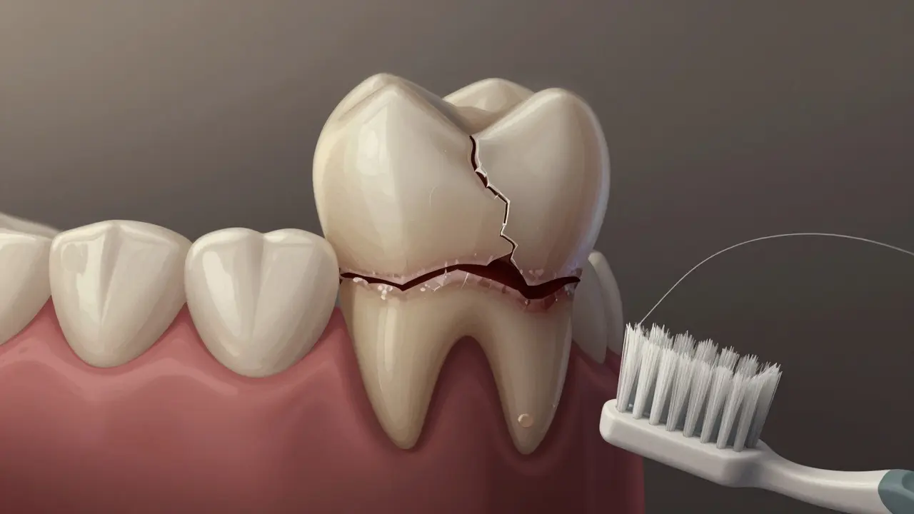 Hidden tooth decay beneath a detached veneer, surrounded by plaque.