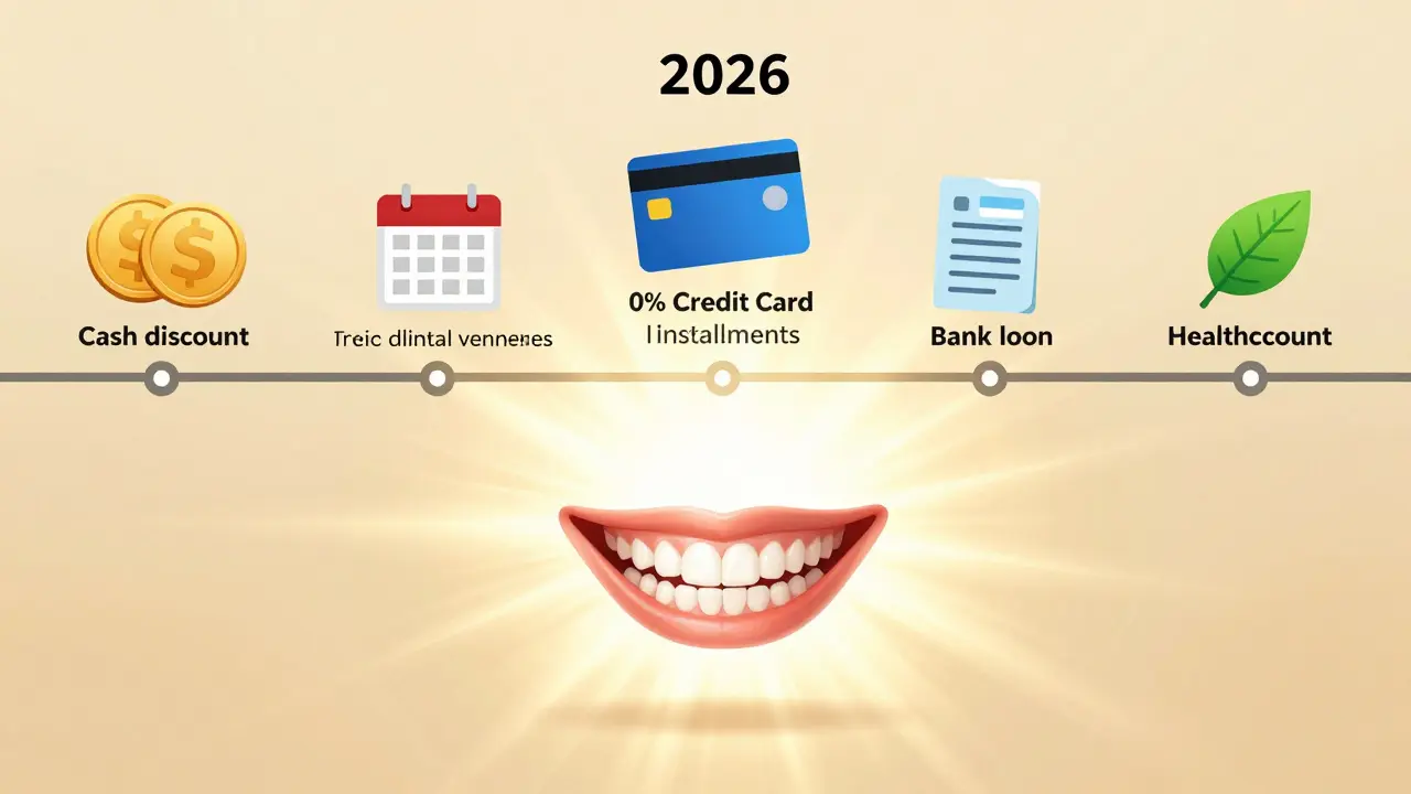 Ilustrace pěti možností placení estetických fazet s ikonami a úsměvem uprostřed.