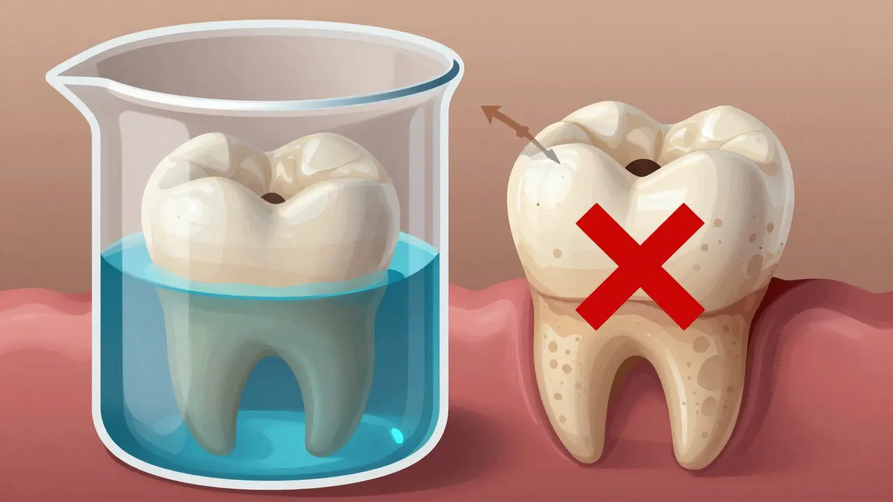Keramická korunka v bělicím gelu bez změny barvy, zatímco přirozený zub absorbující pigmenty.