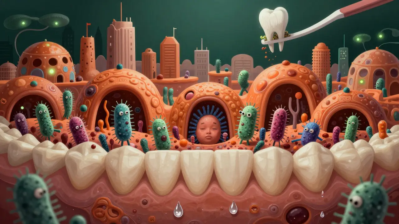 Mikroskopická komunita bakterií v zubním plaku jako město s kyselinou erodující emal