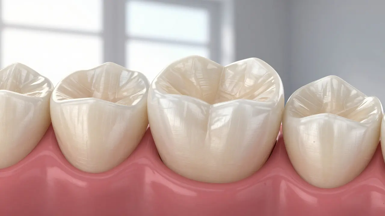 Minimally invasive dental crown covering only part of a tooth, blending naturally with surrounding enamel.