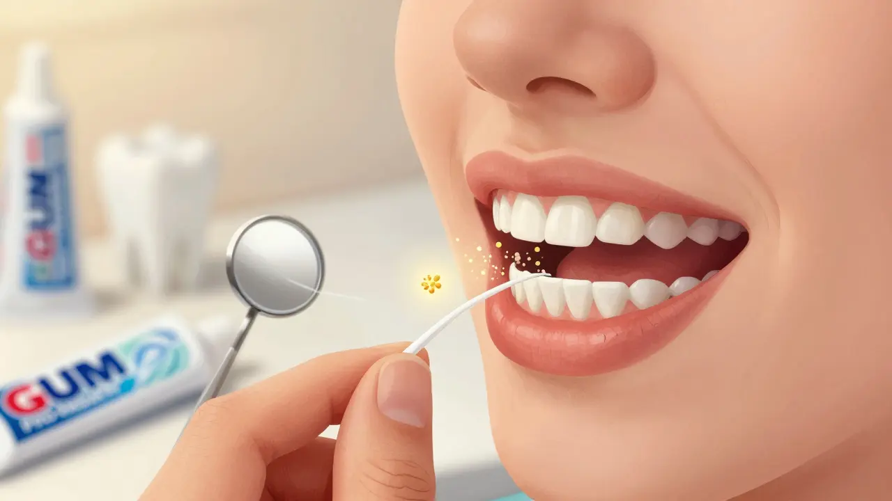 Osoba používá fluoridovou zubní nit mezi zuby, kde jsou vidět odstraňované bakteriální částice.