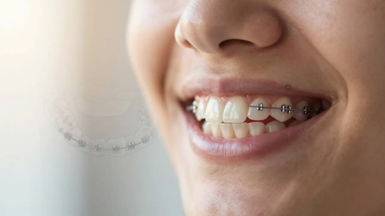 Patient smiling with straightened teeth after clear aligner treatment, no visible braces.