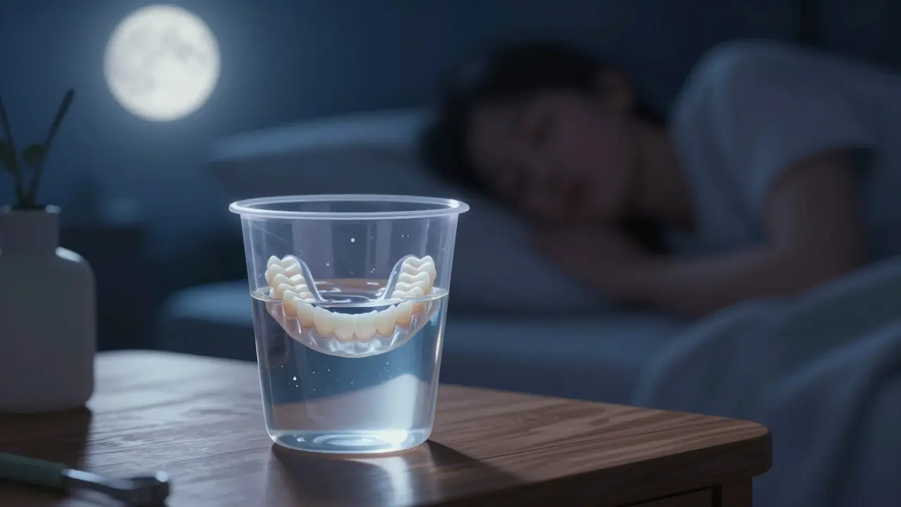 Protéza uložená ve sklenici na noc vedle postele.