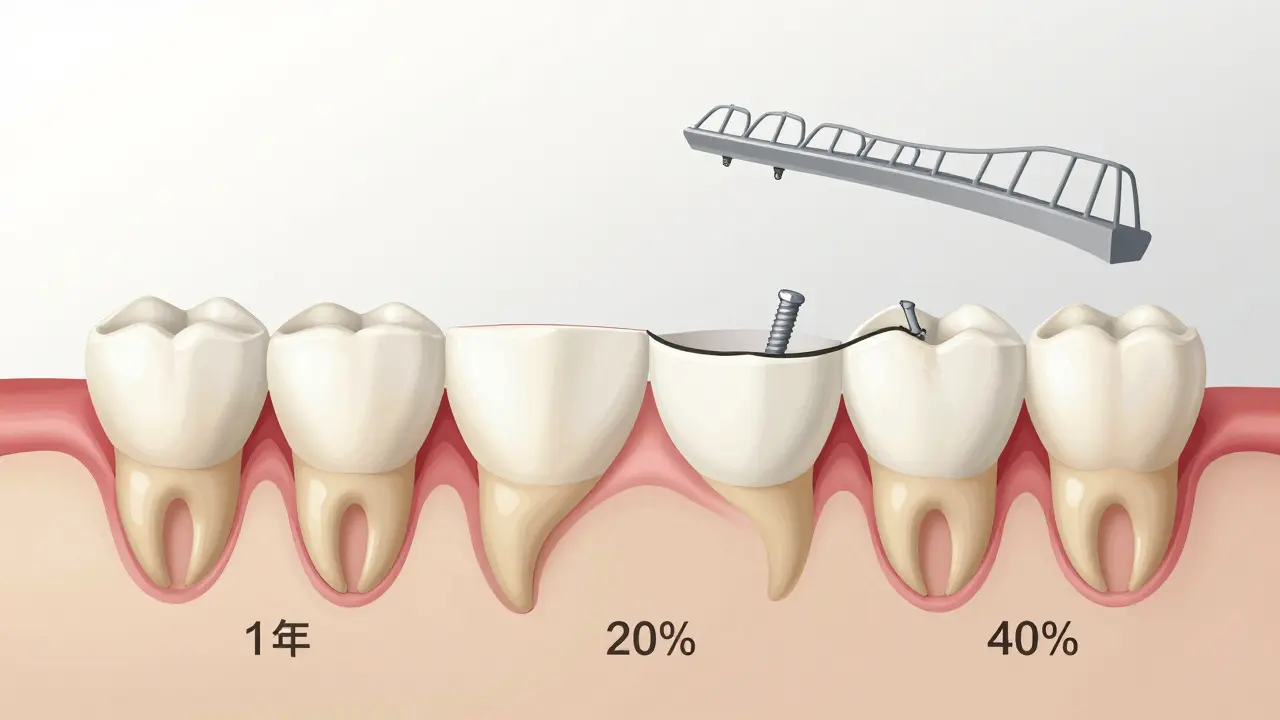 Řez čelistí ukazující postupnou ztrátu kosti po ztrátě čtyř zubů během dvou let.